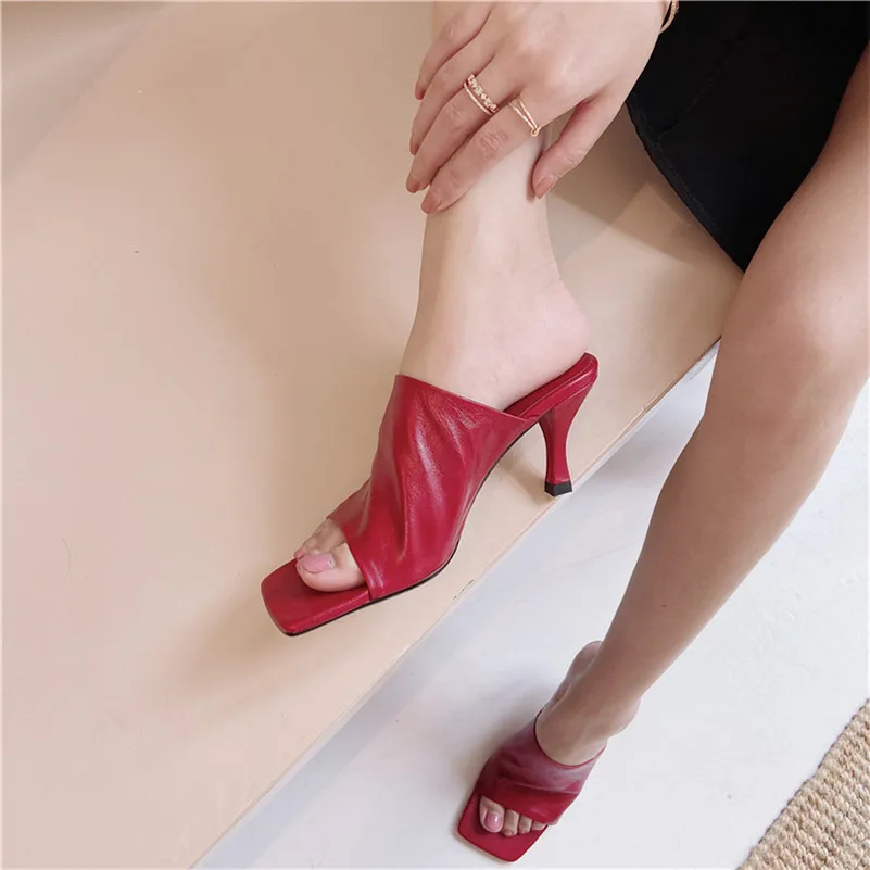 ANNYMOLI Shoes Women Real Leather High Heel Slippers Square Toe Slides Lady Stiletto Heel Female Sandals Black Large Size 10.5