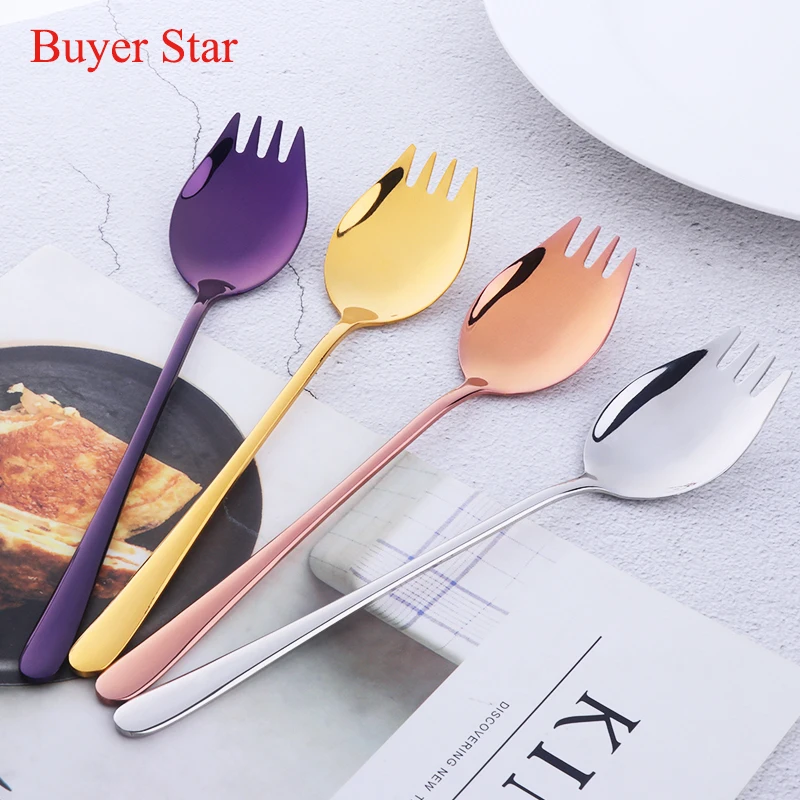 6pc/set Gold Cutlery set stainless steel fork Spork dinner Spoon forks tableware 2 in 1 Metal kitchen noodle steak serving tools