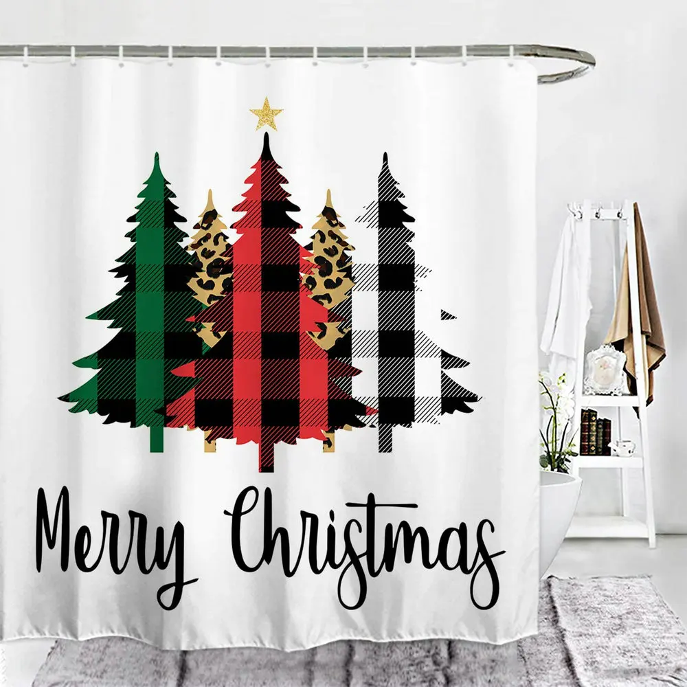 Merry Christmas Tree Xmas Shower Curtain Buffalo Check Plaid Forest Bathroom Decor Farmhouse Waterproof Fabric Screen With Hooks