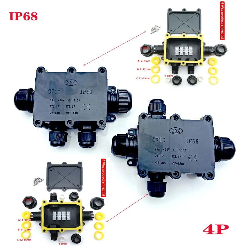 

Junction Box IP68 Waterproof UV Sunproof Outdoor 4 Way Plastic Electrical Junction Box Case Cable Wire Connector Protection