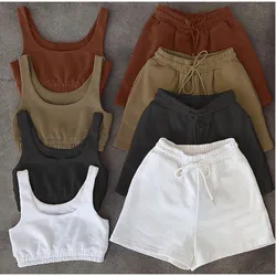 Nieuwe Mode Zomer Tweedelige Set Crop Top Solid Sportkleding Vrouwen Elasticiteit Bijpassende Shorts Athleisure Casual Sets Outfits 2021