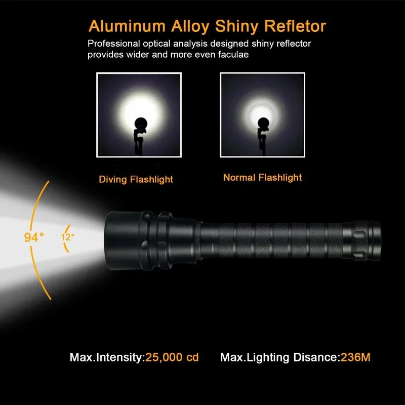 안전 다이빙 손전등 T6 수중 스쿠버 손전등, 수중 스포츠, 야외 사이클링 낚시용, E2 다이빙 손전등, 100m