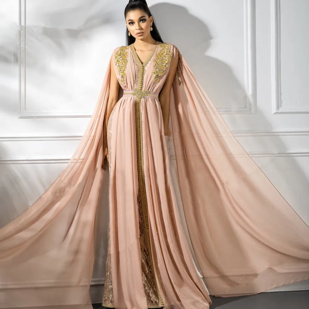 

Pink Muslim Evening Dresses A-line V-neck Chiffon Appliques Beaded Moroccan Kaftan Islamic Dubai Saudi Arabic Long Evening Gown