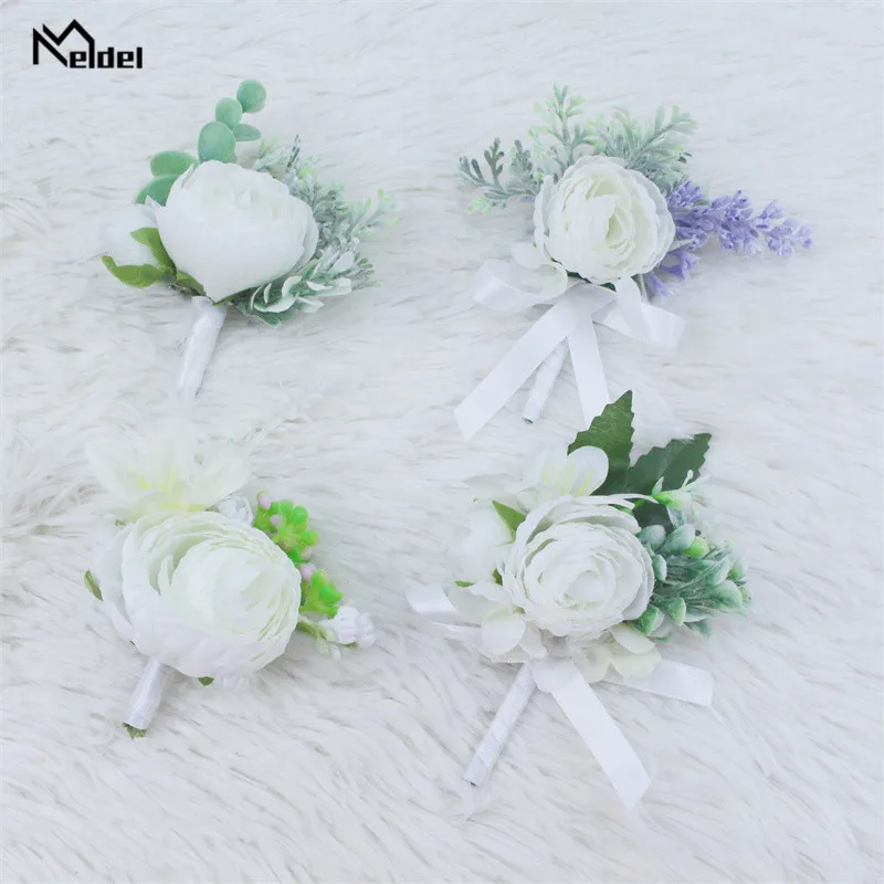 เจ้าบ่าวแต่งงาน Boutonniere Corsage ข้อมือเข็มกลัดดอกไม้สีม่วงสีขาว Rose Lapel Pin Buttonhole ผู้เข้าพักแต่งงานอุปกรณ์เสริม