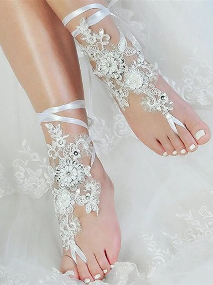 Zapatos de boda de playa para mujer, accesorios nupciales con apliques de encaje, tobilleras con punta abierta, color blanco marfil, 2020