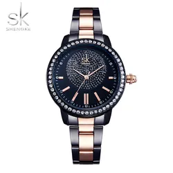 Shengke Rose Gold Relogio Feminino Japanese Quartz Watch For Women Crystal Luxury Black Women's Watch With 6 Months Warranty