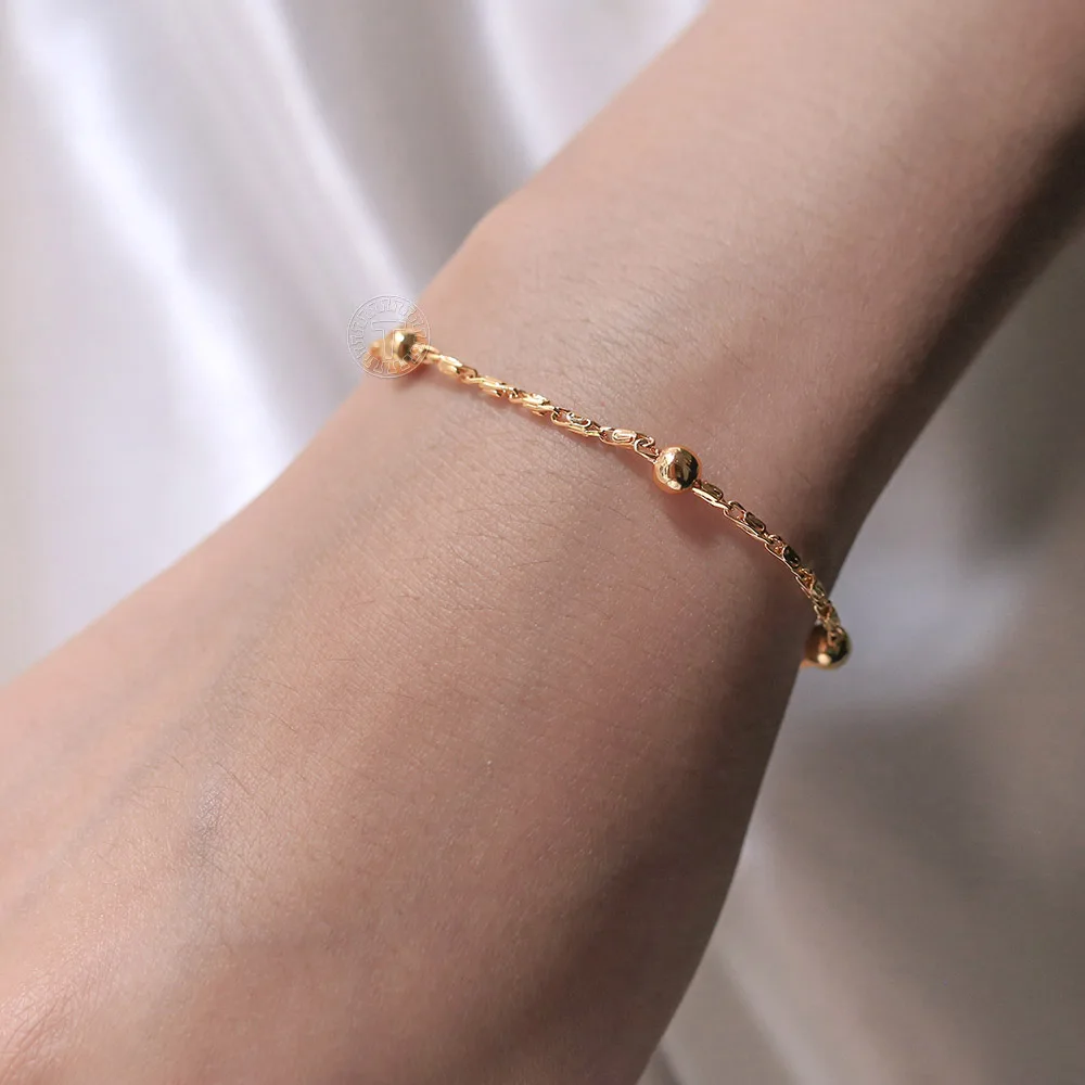 Women Basic 585 Rose Gold Color Ball Beaded Bracelet Gold Filled Satellite Link Chain Fashion Jewelry Birthday Gift 20cm CB66