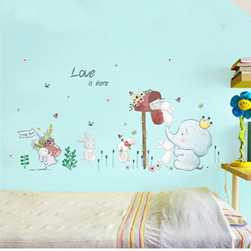 Baby Elephant Rabbit Receiving Mail Wallpaper For Kids Room Bedroom Nursery Decor Wall Sticker Cartoon Animal DIY Gift PVC Decal