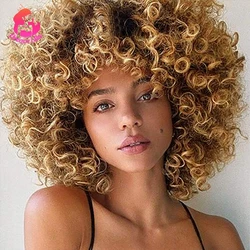 Dream Like Ombre Color Short Curly Synthetic Wigs for Black/white Women Cosplay Party Blonde And Brown Afro Wig With Bang