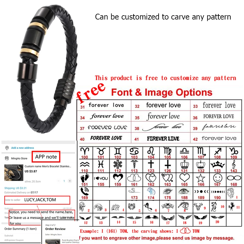 MingAo Customized Engraved Name Single Leather Beads Braclet For Men Women Punk Black Stainless Steel Beaded Bracelets