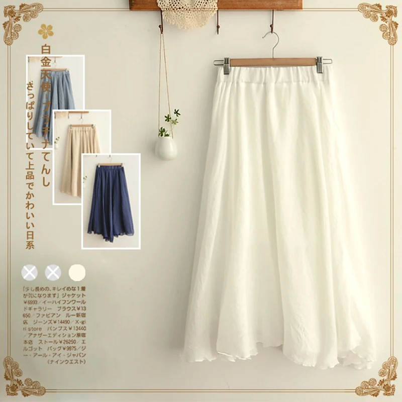 

Mori Girl Women Sweet Pleated Skirt Loose Waist Irregular Solid Color Cotton And Linen Female Kawaii Cute Princess Skirts U594
