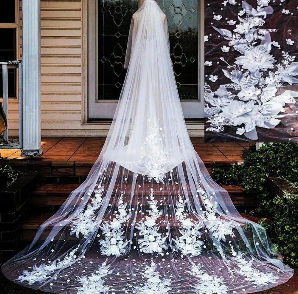 New Wedding Veils Cheap Free Shipping Lace Floral Appliqued White Ivory Tulle Wedding Bridal Veil 3M Long One Layer Cover Face