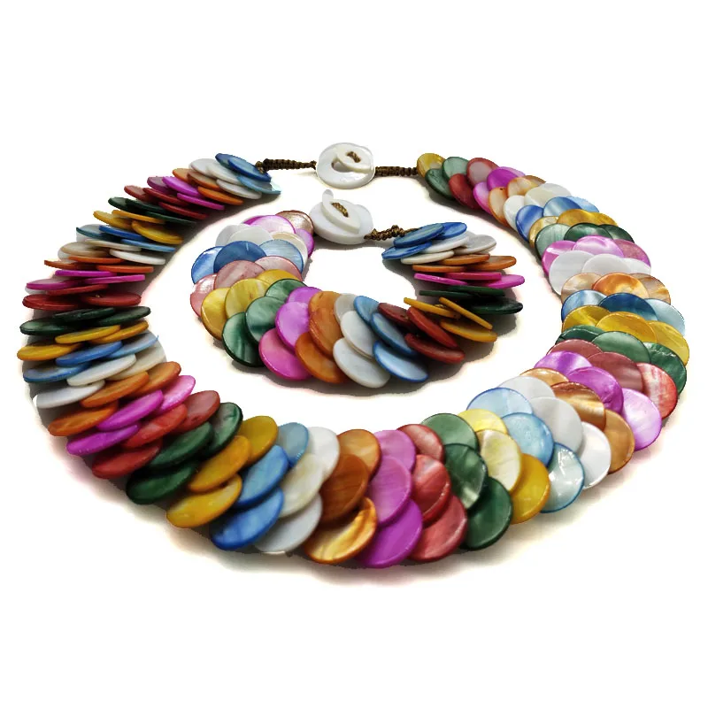 18 inches 15mm Multicolor Disc Fish Scale Style Natural Mother of Pearl Necklace and 7.5 inches Bracelet Jewelry Set
