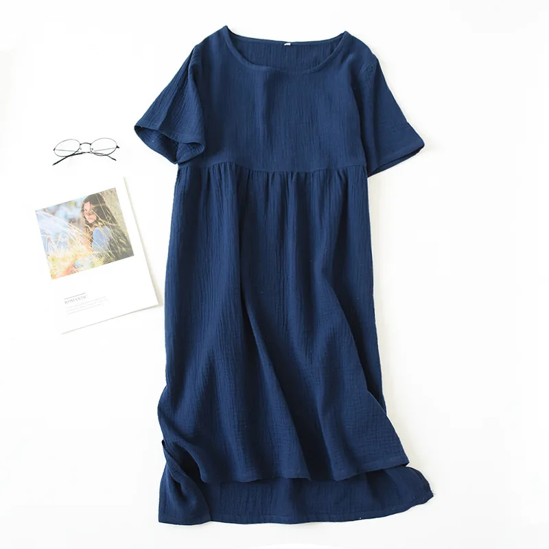 Fdfklak Summer Loose Nightgown Women Short Sleeve Night Dress Gauze Cotton Sleepwear Pink/Navy Home Clothes Dresses homewear