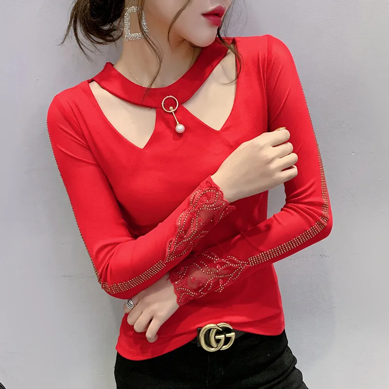 

Sexy Ladies shiny shirt 2020 spring new slim hollow out t shirts for women fashion long sleeve T-shirt mesh top diamonds t shirt