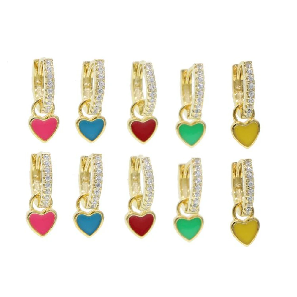 2022 Cute Mini Lucky Girls Heart Drop Earrings Micro Paved CZ Crystal Hoop Red/Green/Blue/Pink Enamel Charming Pendant Earrings