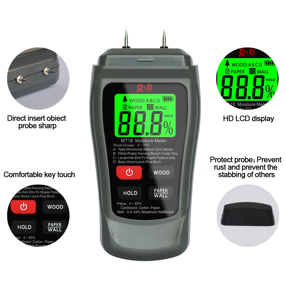 R&D MT-18 Wood Moisture Meter Paper Humidity Tester Wall Hygrometer Timber Damp Detector Tree Density Tester Grey NEW