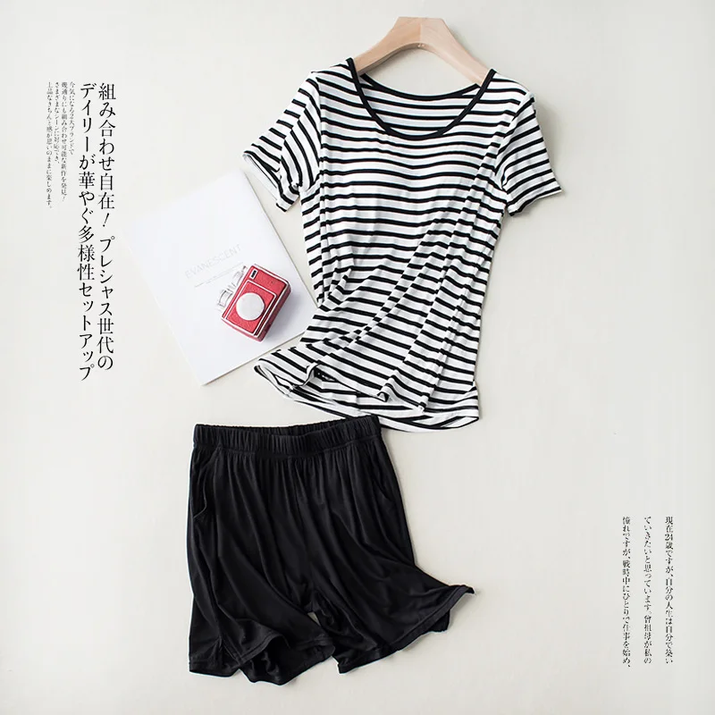 New Modal Lady Short Sleeve Pajamas Set with Bra Pad Bra One Piece Half Sleeve Shorts Striped Loose Large Size Home Wear Set