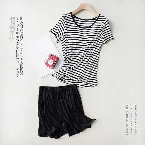 New Modal Lady Short Sleeve Pajamas Set With Bra Pad Bra One Piece Half Sleeve Shorts Striped Loose Large Size Home Wear Set - Image 3