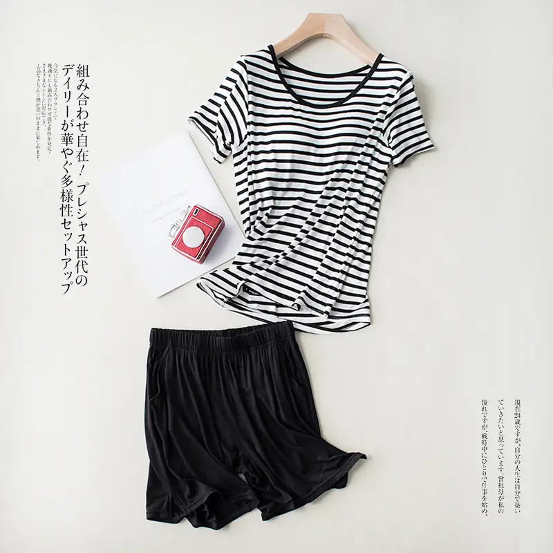 New Modal Lady Short Sleeve Pajamas Set With Bra Pad Bra One Piece Half Sleeve Shorts Striped Loose Large Size Home Wear Set - Image 3