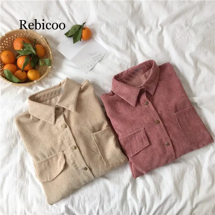 

2 Colors Autumn Women Loose Jackets Korean Long Sleeve Corduroy Jackets Outwear Casual Pocket Solid Jackets