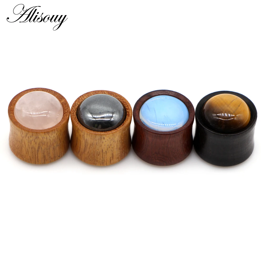 Alisouy 2pcs Inlay Stone Wood Retro Ear Tunnel Plug Flesh Gauges Earrings Double Flared Expender Stretcher Body Piercing Jewelry