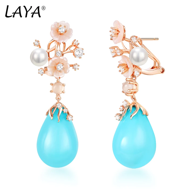 

Laya 925 Sterling Silver High Quality Zircon White Chalcedony Natural Shell Flower Drop Earrings For Women Fashion Jewelry