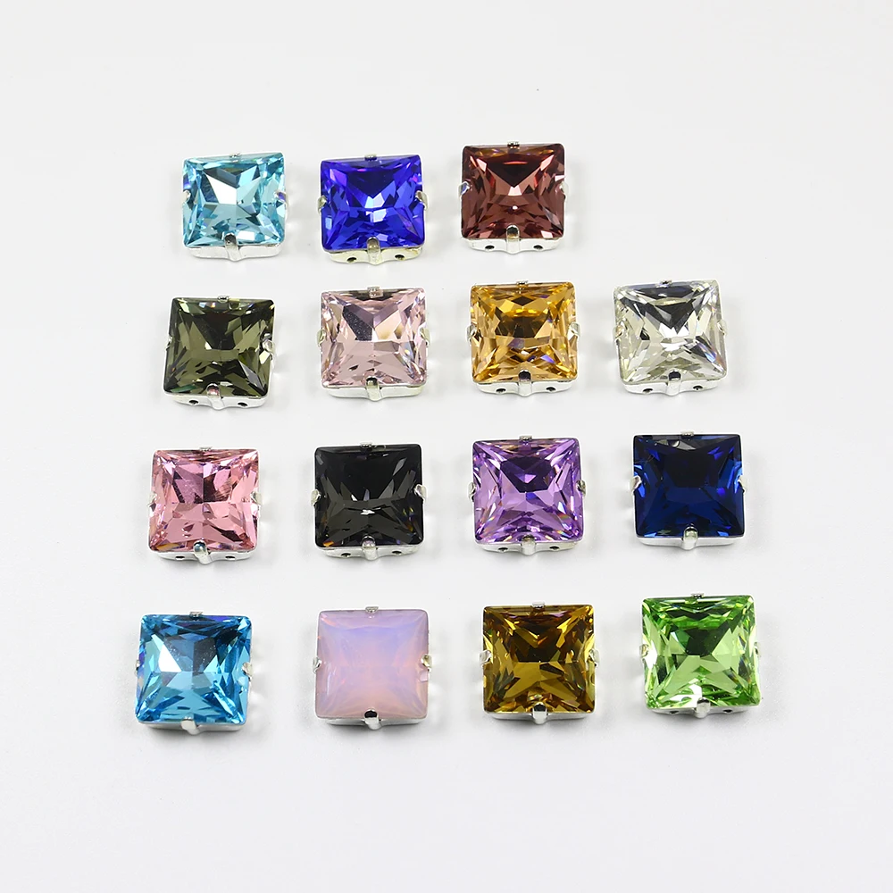 Square K9 Glass Sew on Rhinestone Crystal with Silver Claw Sew on Gemstones Diamond for Needlework Clothing Accessories Diy