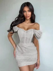 Dulzura Bling Glitter Women Short Sleeve Off Shoulder Corset Mini Dress Ruched Bodycon Sexy Party Elegant Festival 2021 Evening