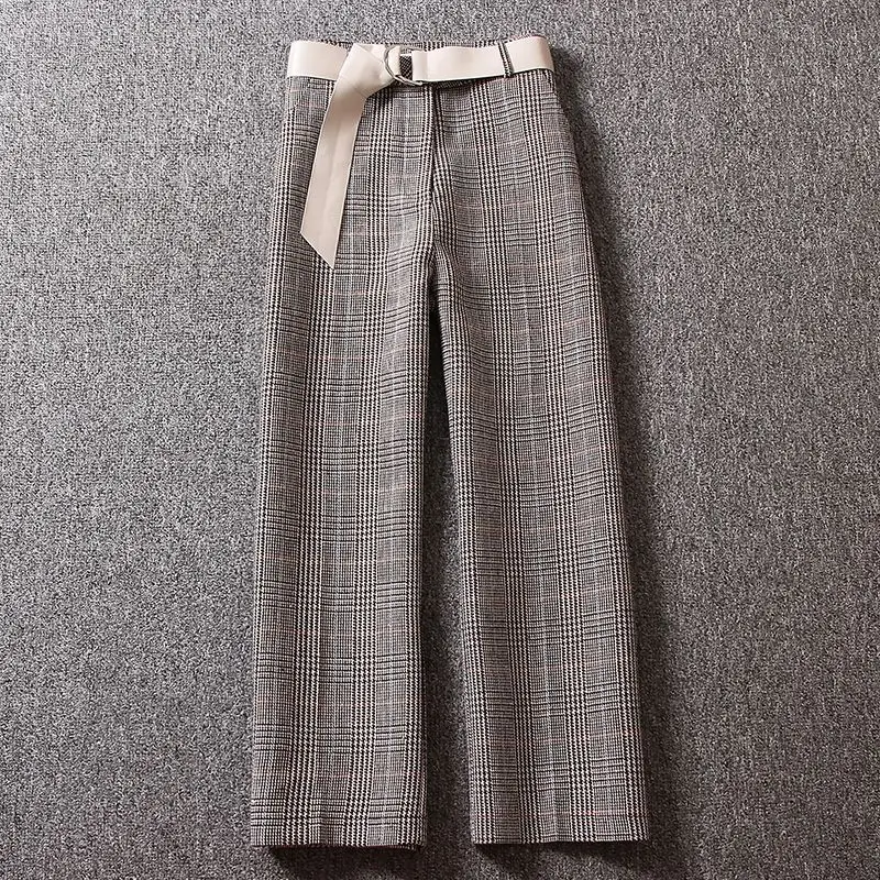 Women\'s Autumn Winter Wool Plaid Wide Leg Pants with Belt High Waist New Loose Straight Wide Leg Pants Korean Fashion Draped