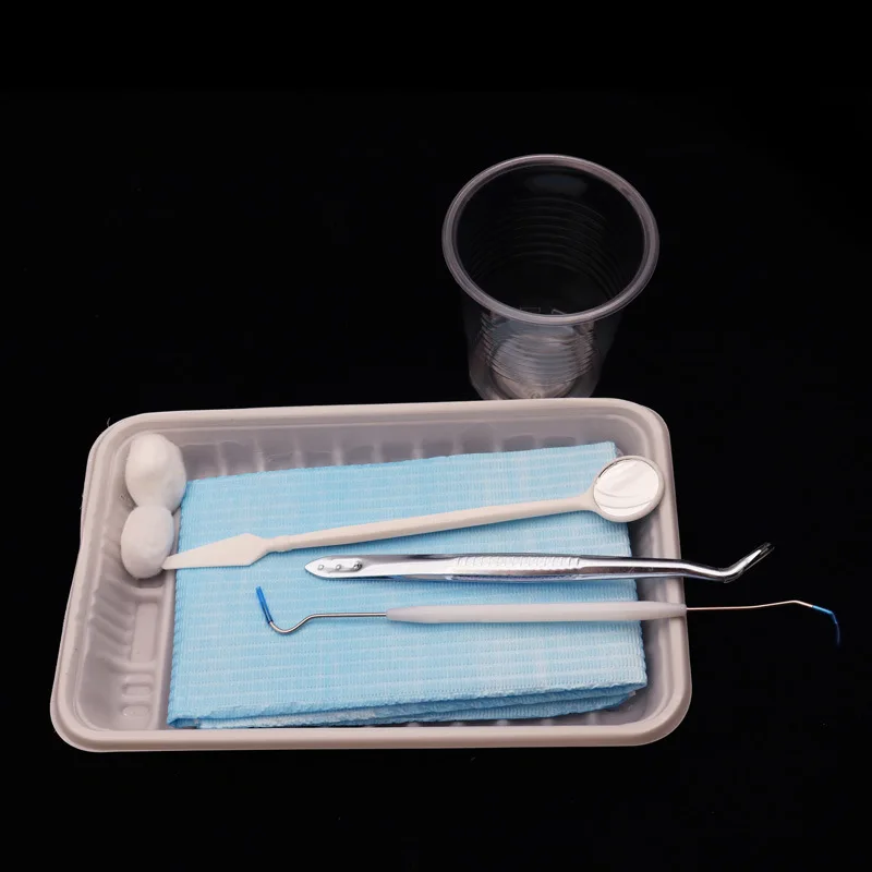 20sets Disposable Kit Oral Examination Dental Hygiene Set Mouth Mirror, Probe, Bib with Tie, Galvanized Tweezer, Tray