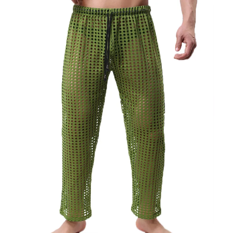 Men\'s Sleep Bottoms Casual Sheer Trousers Mesh Fishnet Transparent Sleepwear Breathable Sports Pants Pantalon Pajama Lounge XL