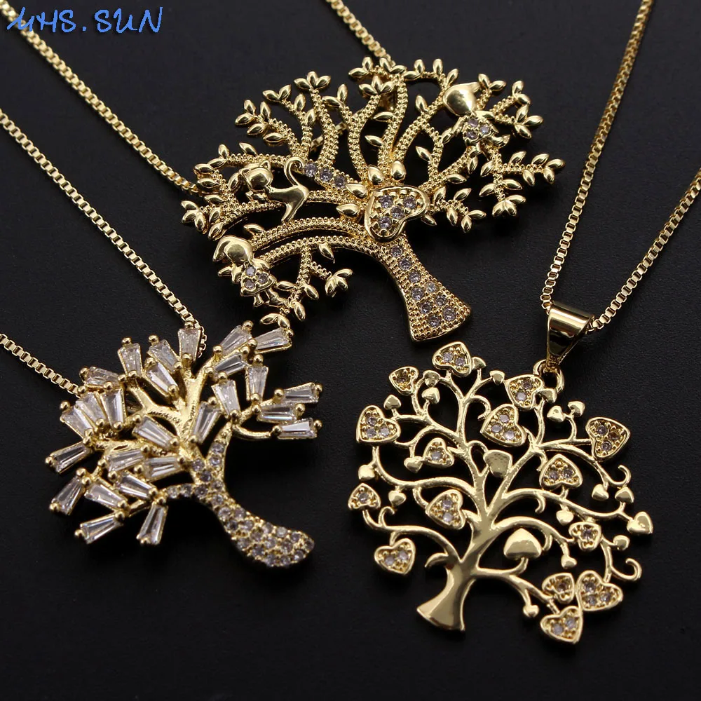 MHS.SUN Fashion Women Zircon Tree Pendant Necklace Gold Color Charms Chain Choker Female CZ Jewelry Christmas Gift