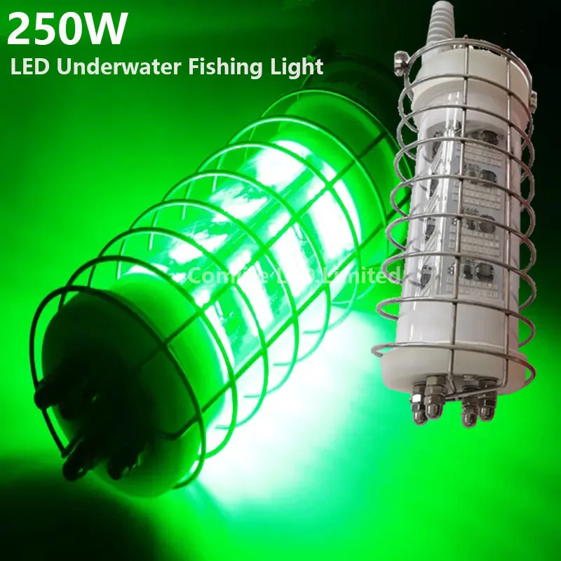 250W DC12V to 24V LED Submersible Underwater Fishing Light Fish Attracting Bait Stainless Steel Protective Cage  IP68