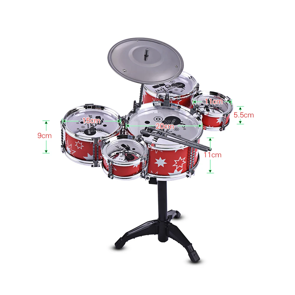 Children Kids Jazz Drum Set Kit Musical Educational Instrument Toy 5 Drums + 1 Cymbal with Small Stool Drum Sticks for Beginners