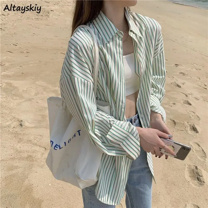 Summer New Striped Shirts Temperament Simplicity Sunscreen Long Sleeve Blouse OL Loose Sense of Minority Blusas Female Retro Ins