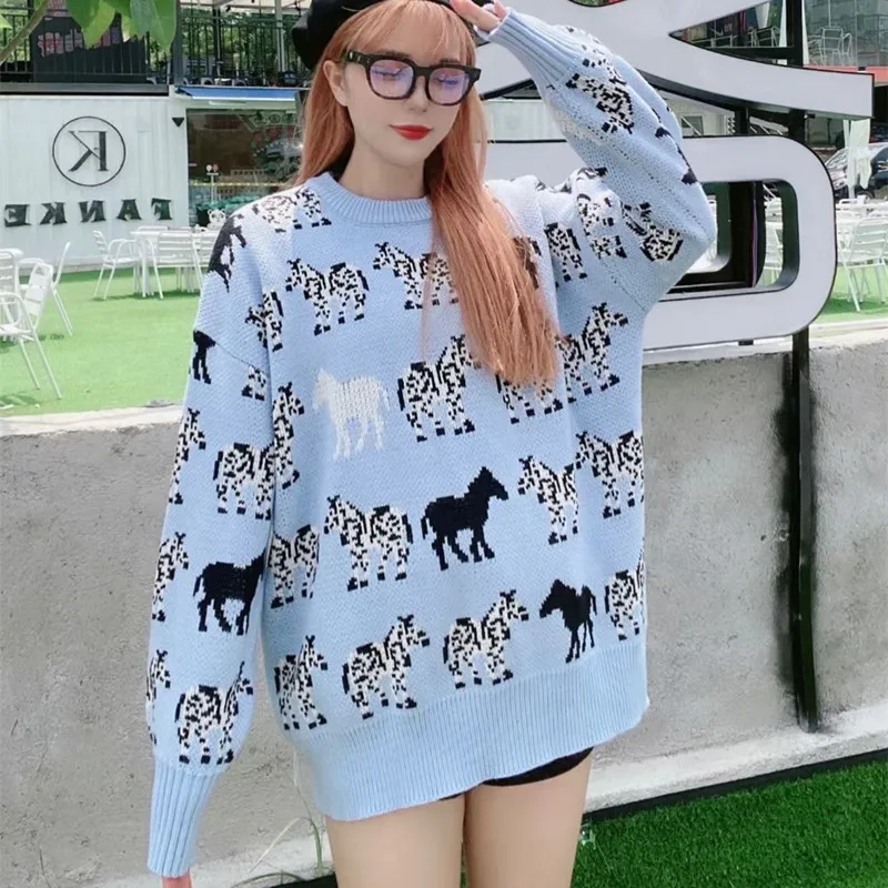 

New Autumn Winter Women Loose Pullover Sweater High Quality Cute Horses Pattern Couples Knitted Sweater Streetwear