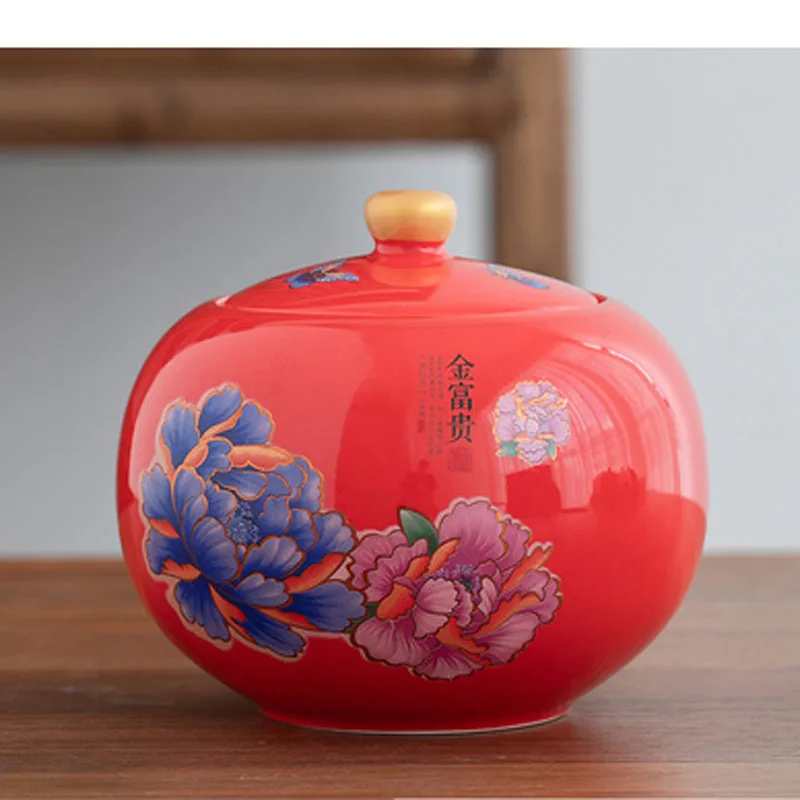 Chinese Style Ceramic Tea Set Green Tea Box Tea Ware Kitchen Bar Utensils Jar Storage Tank Decoration Peony Flower Tea Caddy