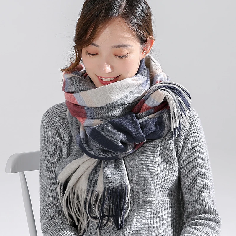 Winter 100% Wool Scarf Women Thicken Warm Beige Plaid Echarpe Shawls and Wraps Checkered Pashmina Cashmere Scarves Foulard Femme