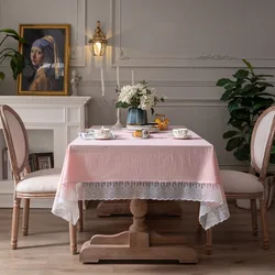 Solid Color Lace Edge Table Cover,French Retro Style Cotton Tablecloth,for Kitchen Dining Room Party Holiday Tabletop Decoration