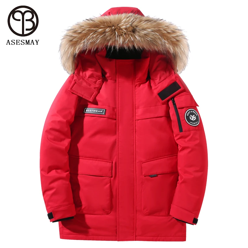 Asesmay 2021 Brand Clothing Long Down Jacket Men's Winter Casual Thicken Coat Natural Fur Hood Trendy Fashion Snow Warm Parkas