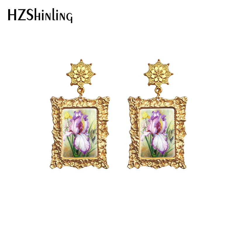 2020 New Iris Flower Earring Art Painting Vintage Earrings Retro Mandala Charm Square Glass Cabochon Jewelry