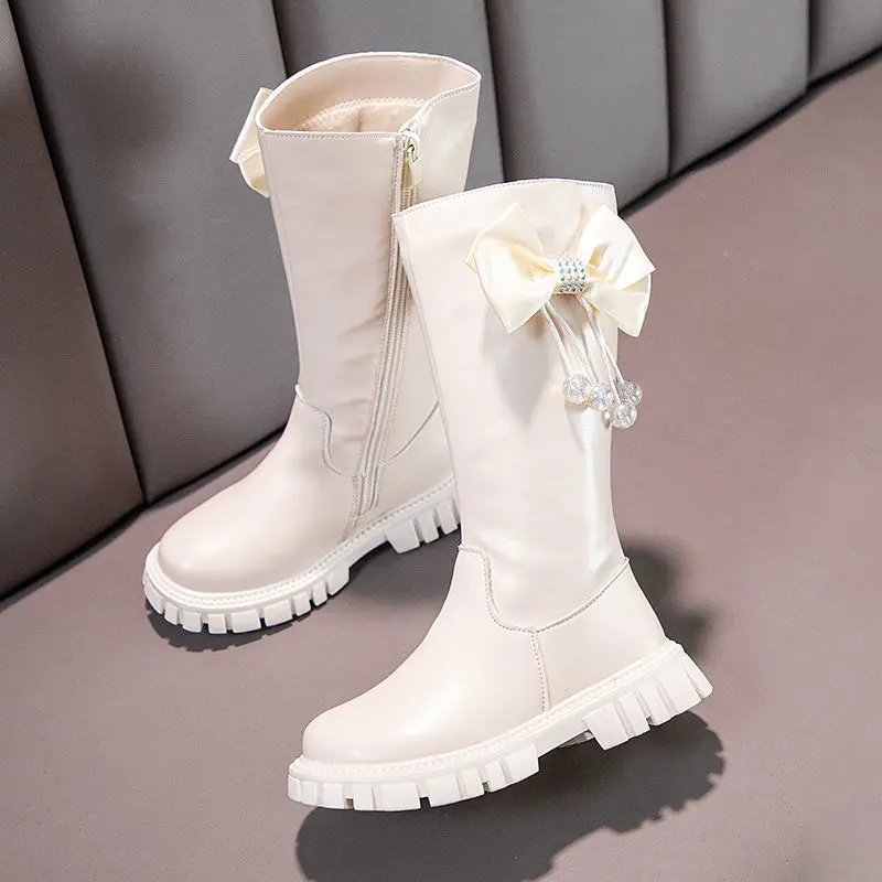 Winter Girls Leather Shoe Children Fashion Long Boots Kids Girls Bow Princess Shoes 4-12Y Kids Footwear Sonw Boots Plush Warm