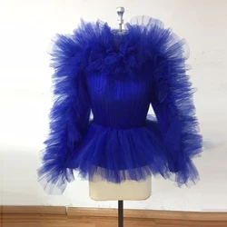 Prawdziwy obraz Royal Blue Tulle kobiety bluzka Ruffles Mesh kobiety Top pełna rękawy modna damska bluzka 2021