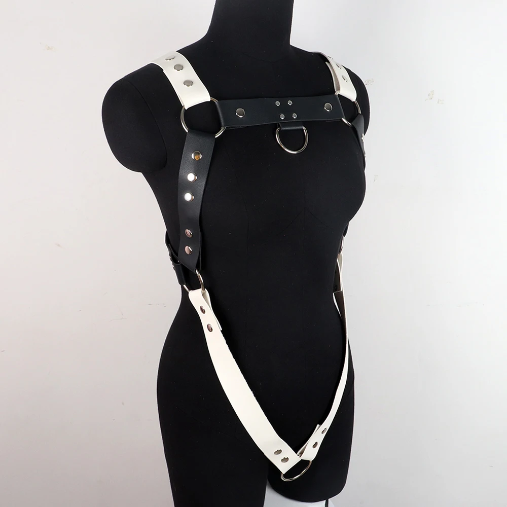 Men Black White Faux Leather Metal Rings Body Chest Harness Punk Male Leather Bondage Costume Sexy Gay Club Rave Straps Crop Top