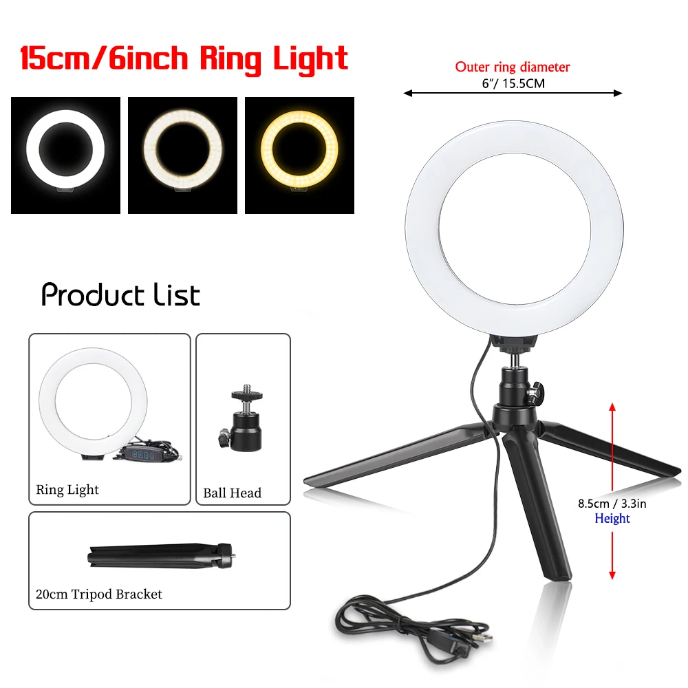 SH 6 inch 16cm Led Ring Light With Tripod Stand Holder Fill Lighting Usb Charge Selfie Led Lamp For Streaming Video Photography