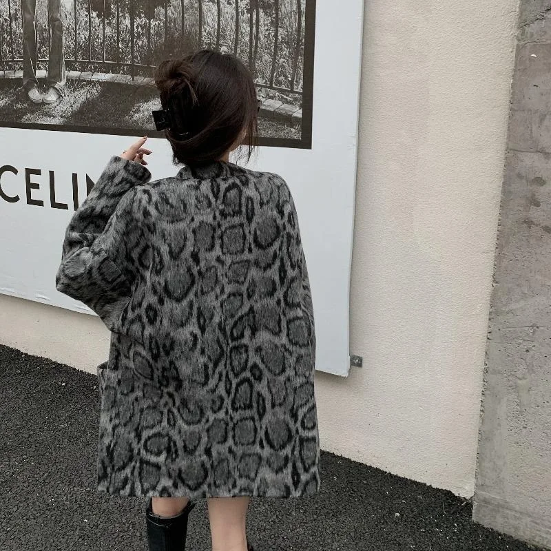 Leopard Wool Women All-match Fashion Blends Winter Outwear Harajuku Coats Korean Style Chic Loose Vintage Streetwear Elegant Ins