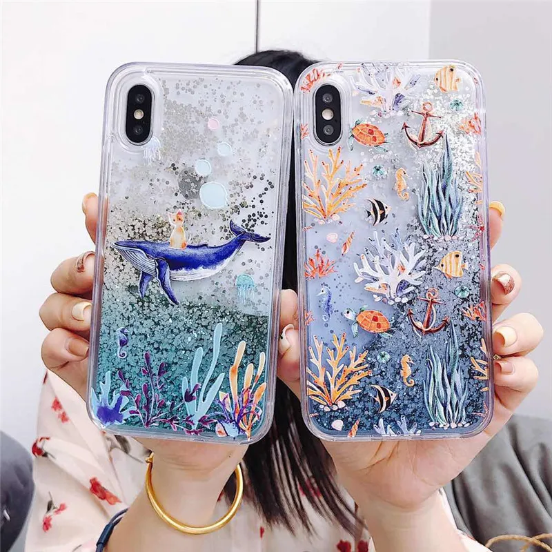 for iPhone 11 Pro Max 11Pro XS Max XR X 7 8 Plus 6 6s + Case Quicksand Glitter Coral Ocean Shockproof Transparent Cover Funda