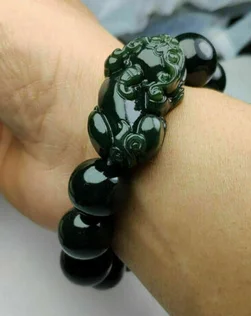 Natural Certified Dark Green Hetian Jade Bead Pixiu Bracelet