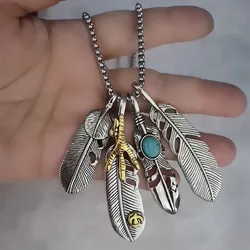 Vintage Feather Eagle Claw Pendant Necklaces Men Boho Antique Silver Color Leaf Long Necklace For Women Summer Beach Jewelry